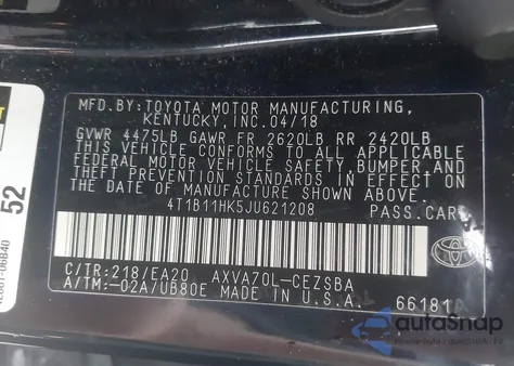 2018 Toyota Camry Se from USA, damaged, VIN 4T1B11HK5JU621208